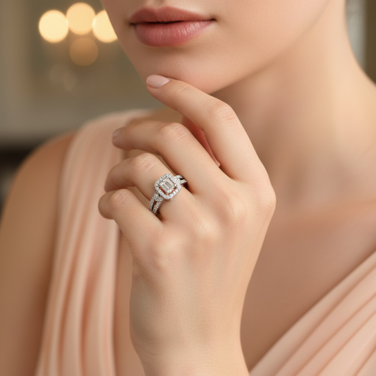Close up of a hand wearing a Regal Radiance Duo Ring worn by a woman, with closeup on the fingers and the ring