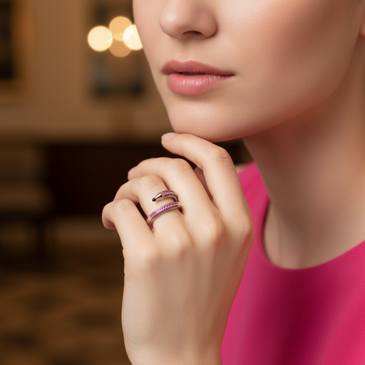 Close-up of a person wearing a ring with a blurred background
