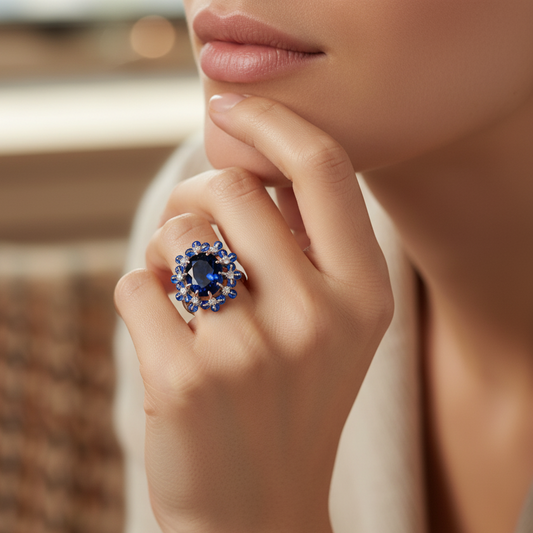 Midnight Bloom statement silver ring worn on hand