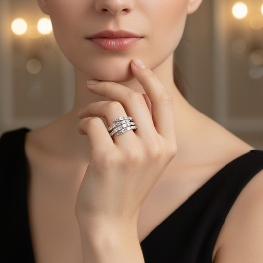 Close-up of a woman's hand wearing a silver spiral lumina ring by maela with a blurred background