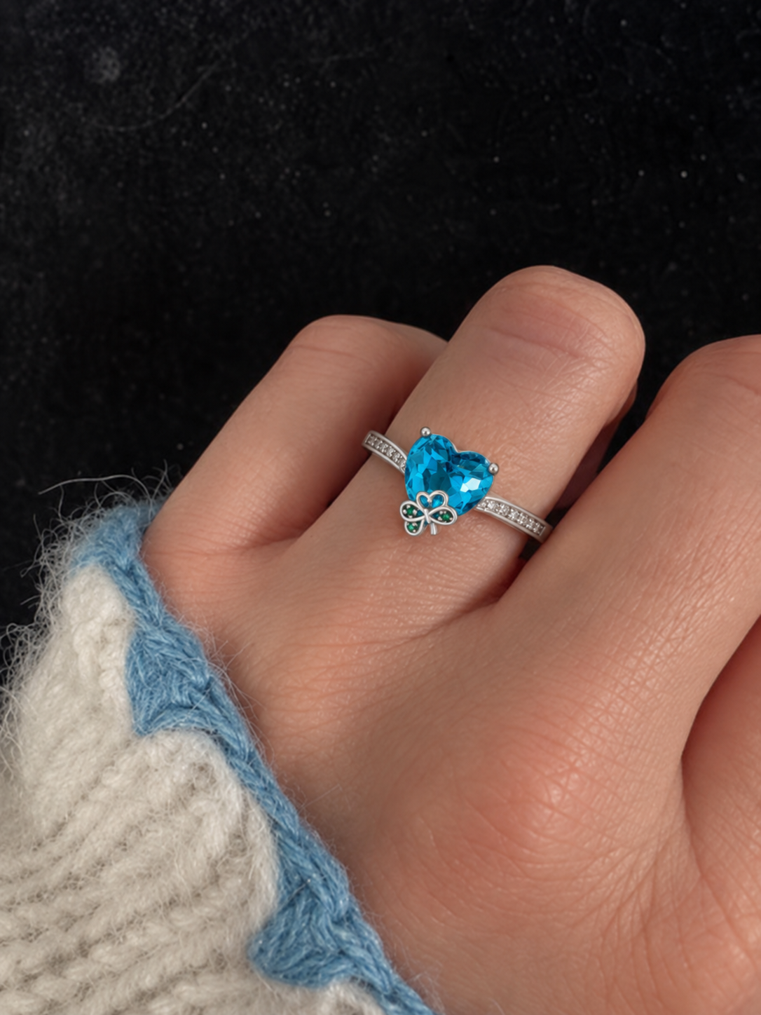 Azure Blue Heart Clover Ring