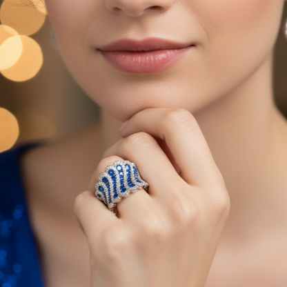 Close-up of a woman's hand wearing a ocean current ring against a blurred background.