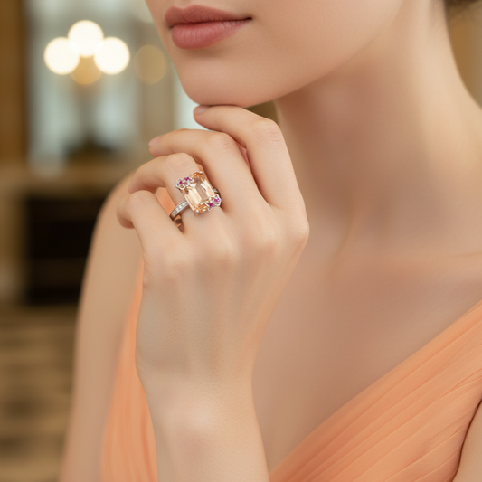 Close-up of a woman's hand wearing a pink gemstone  Sunset Blossom Solitaire ring with a blurred background
