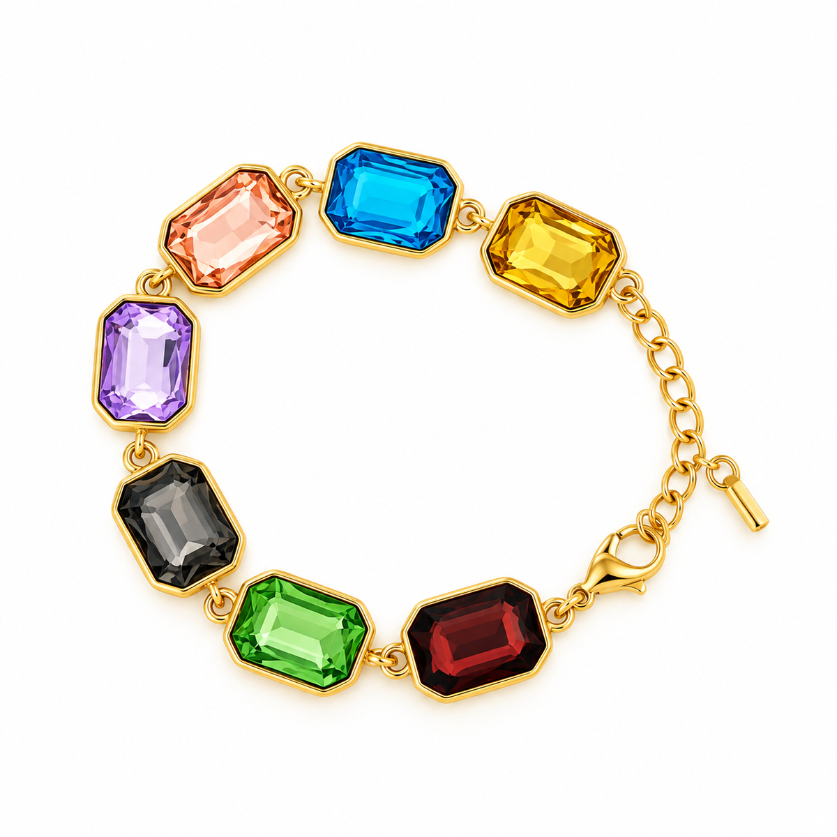 Gold-toned stainless steel bracelet featuring colourful rectangular faceted stones in blue, yellow, pink, purple, black, green and red.
Multicoloured gemstone-inspired bracelet with polished gold settings and an adjustable chain, displayed on an off-white background.