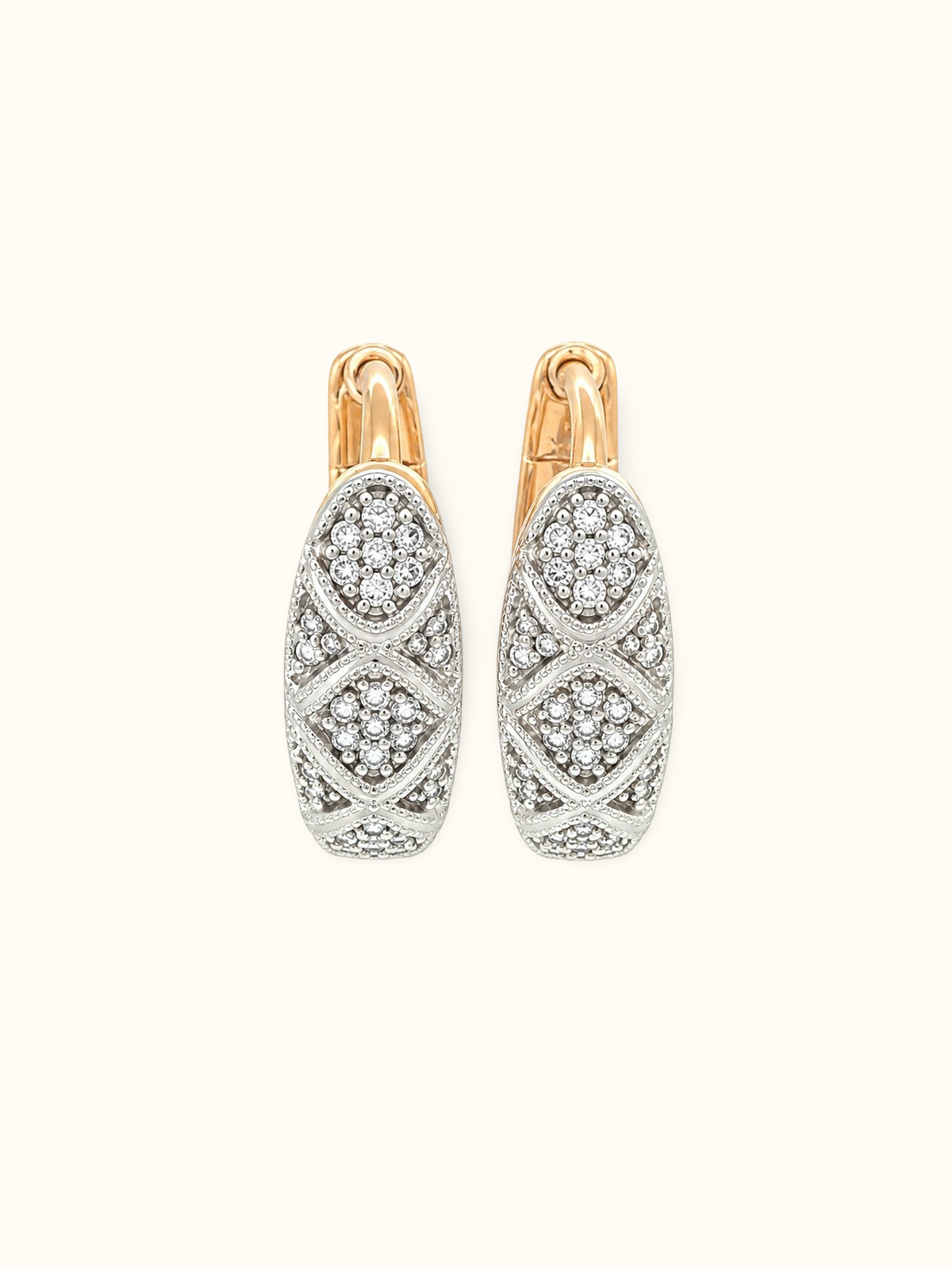 Rose Gold-tone vintage-inspired hoop earrings with clear zircon stones, double oval motifs and intricate detailing displayed against a white background.