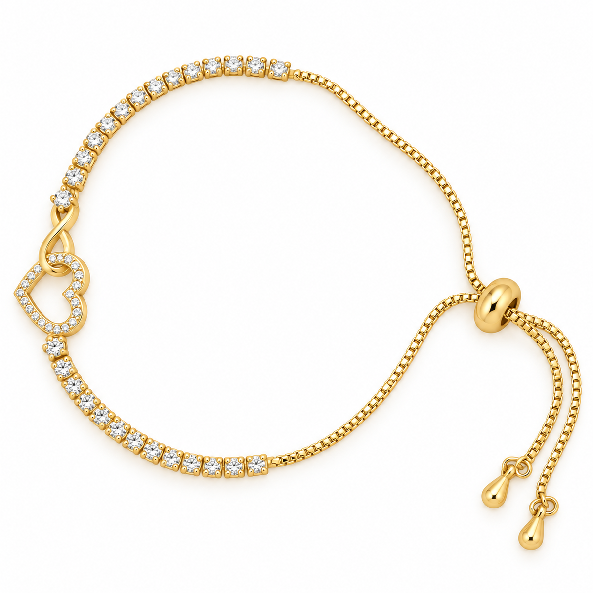 Gold-toned stainless steel bracelet featuring a sparkling open heart intertwined with an infinity motif and white stone accents, adjustable slider chain bracelet with a polished golden finish, displayed on a clean off-white background.
