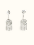 A pair of silver dreamcatcher dangle earrings with a circular filigree center, a small clear rhinestone stud above, and three dangling feather charms, shown on a plain off-white background.