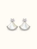 Silver-tone fan-shaped mother-of-pearl drop earrings with clear sparkling stone accents and round crystal studs displayed against a white background.