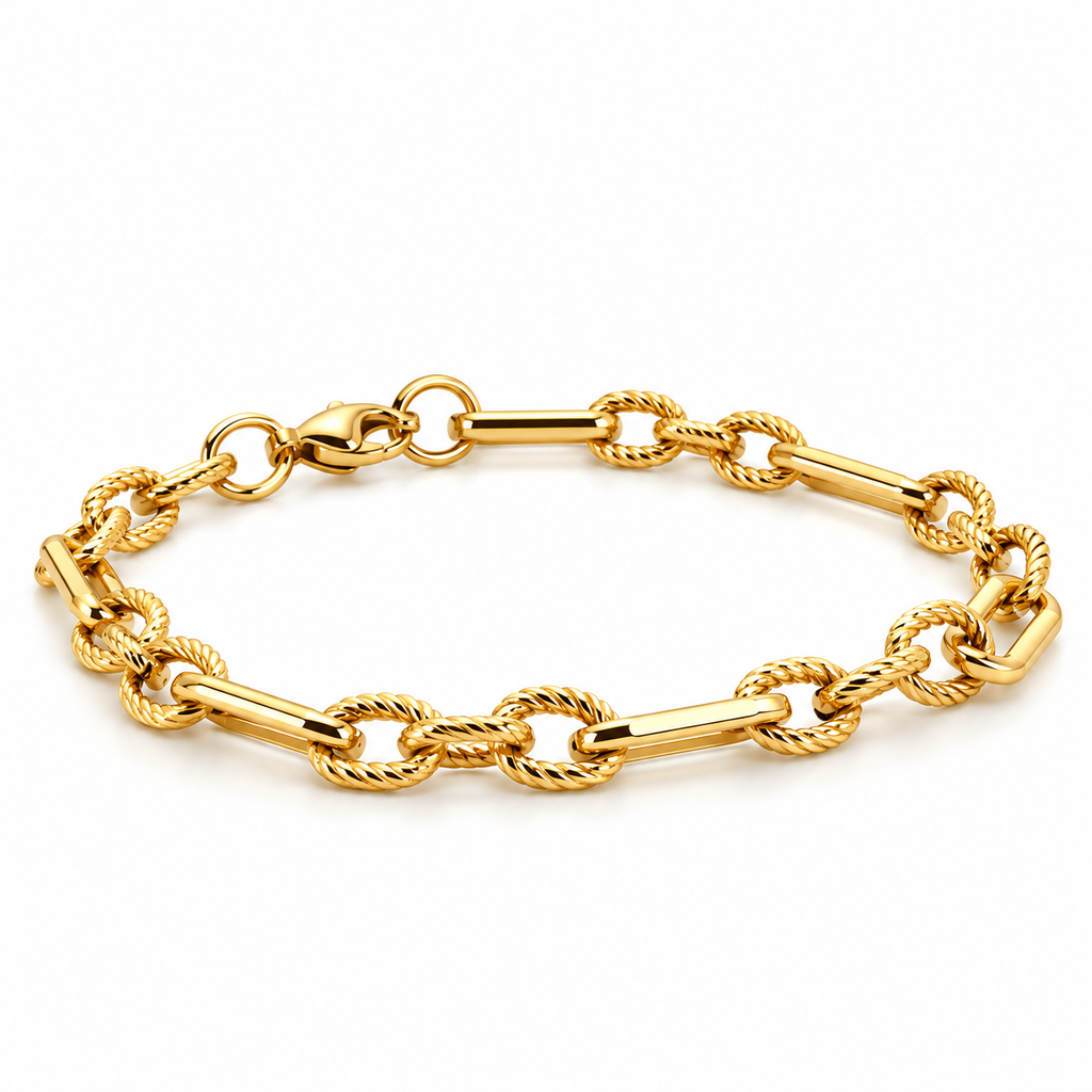 Gold-toned stainless steel chain bracelet featuring twisted rope-style links connected by elongated polished bar links.
Statement link bracelet with a shiny golden finish and lobster clasp, displayed on a clean off-white background.