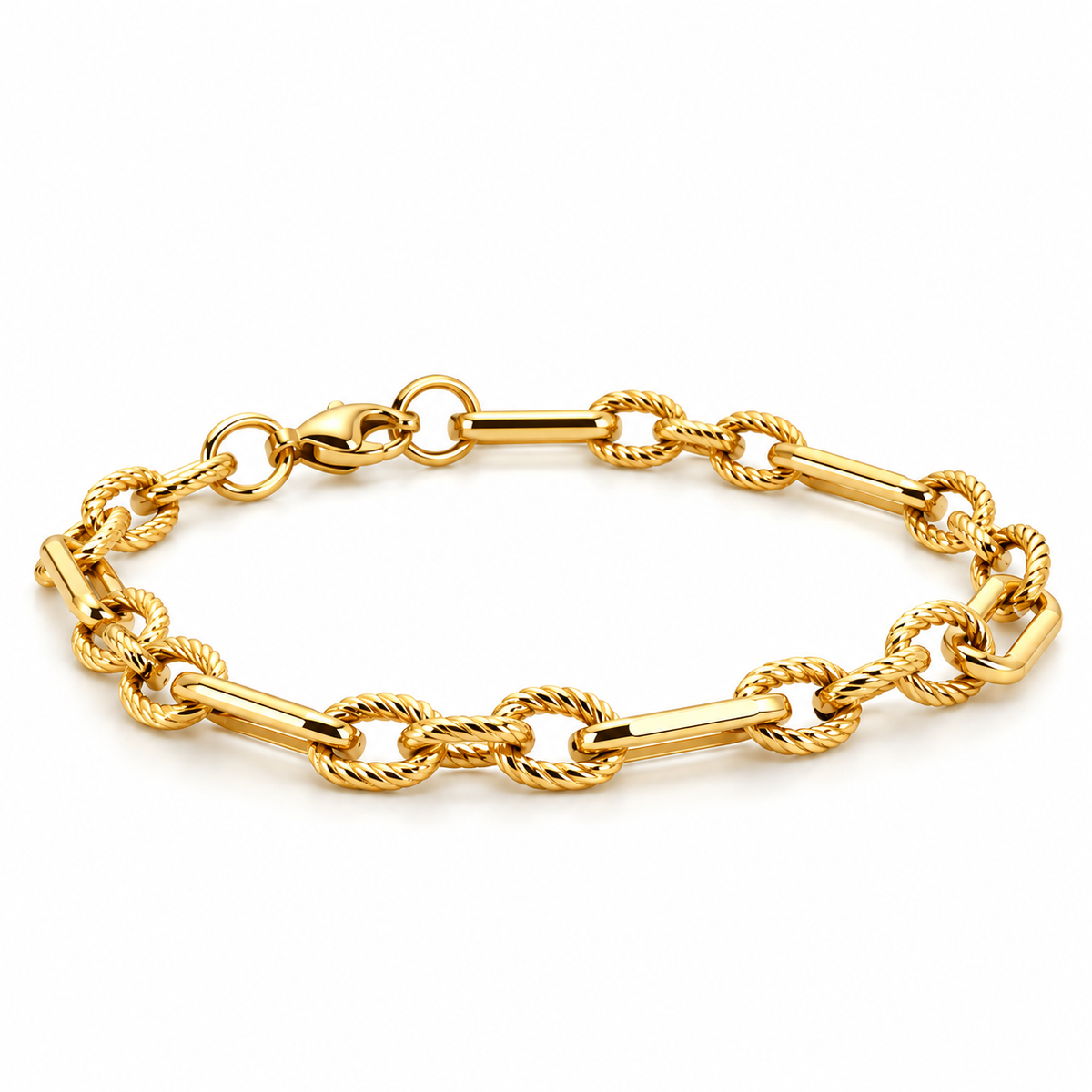 Gold-toned stainless steel chain bracelet featuring twisted rope-style links connected by elongated polished bar links.
Statement link bracelet with a shiny golden finish and lobster clasp, displayed on a clean off-white background.