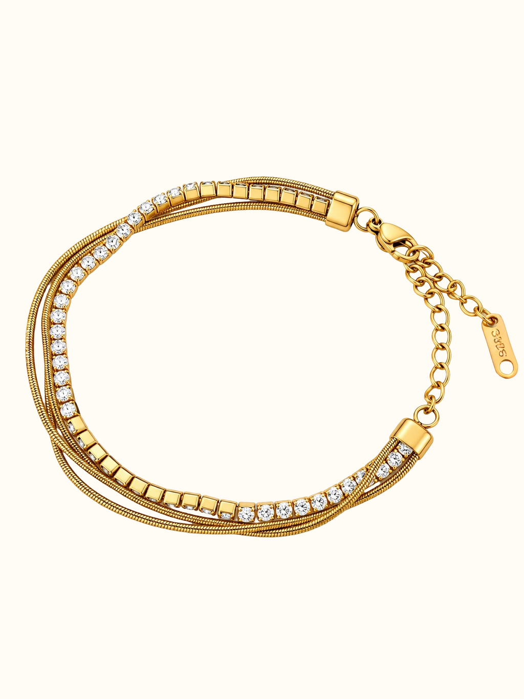 Gold-toned stainless steel multi-strand bracelet featuring clear sparkling stones and polished square accents.
Layered chain bracelet with an adjustable extension and lobster clasp, displayed on a clean white background.