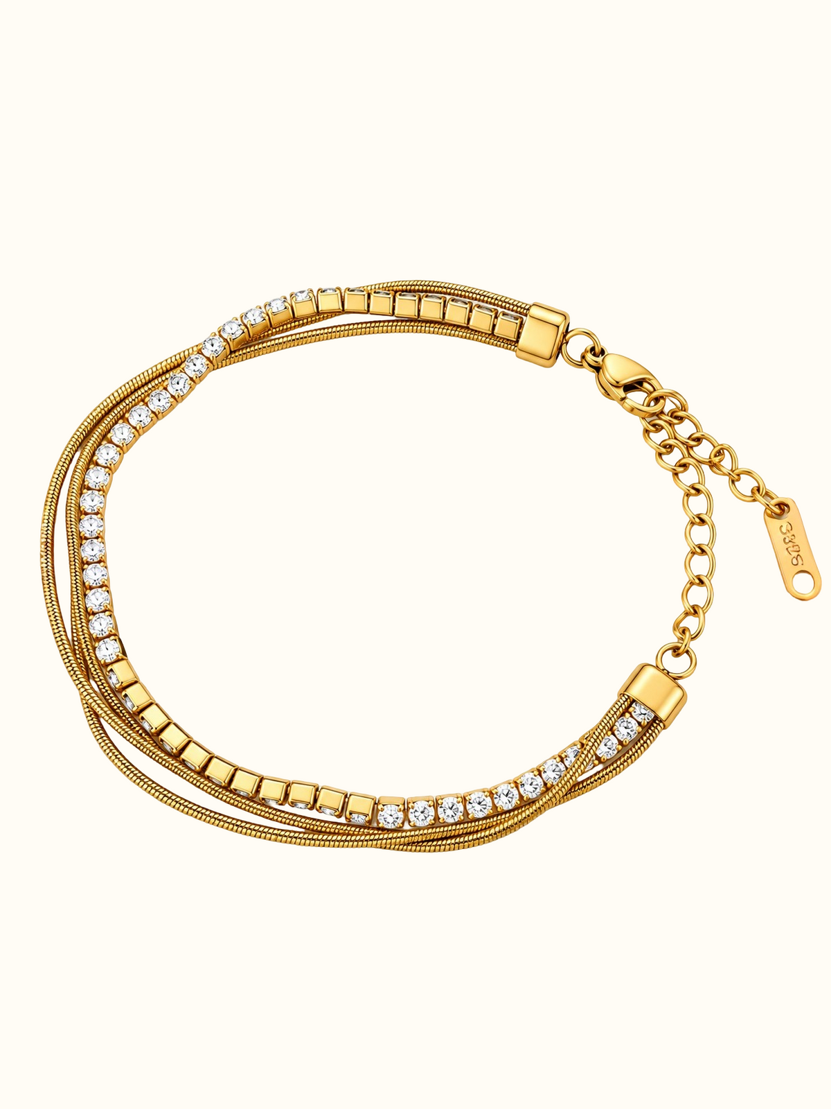 Gold-toned stainless steel multi-strand bracelet featuring clear sparkling stones and polished square accents.
Layered chain bracelet with an adjustable extension and lobster clasp, displayed on a clean white background.