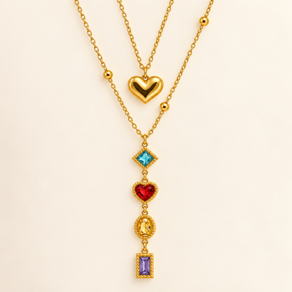 Gold-toned layered necklace with a glossy heart charm and a cascading pendant featuring blue, red, yellow and purple stones.
Colourful statement necklace with decorative gold-toned settings and delicate chains against a light pink background.