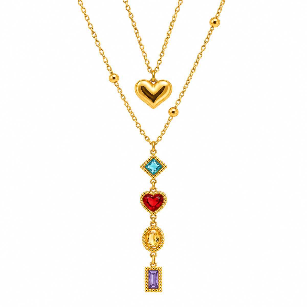 Gold-toned layered necklace with a glossy heart charm and a cascading pendant featuring blue, red, yellow and purple stones.
Colourful statement necklace with decorative gold-toned settings and delicate chains against a light background.