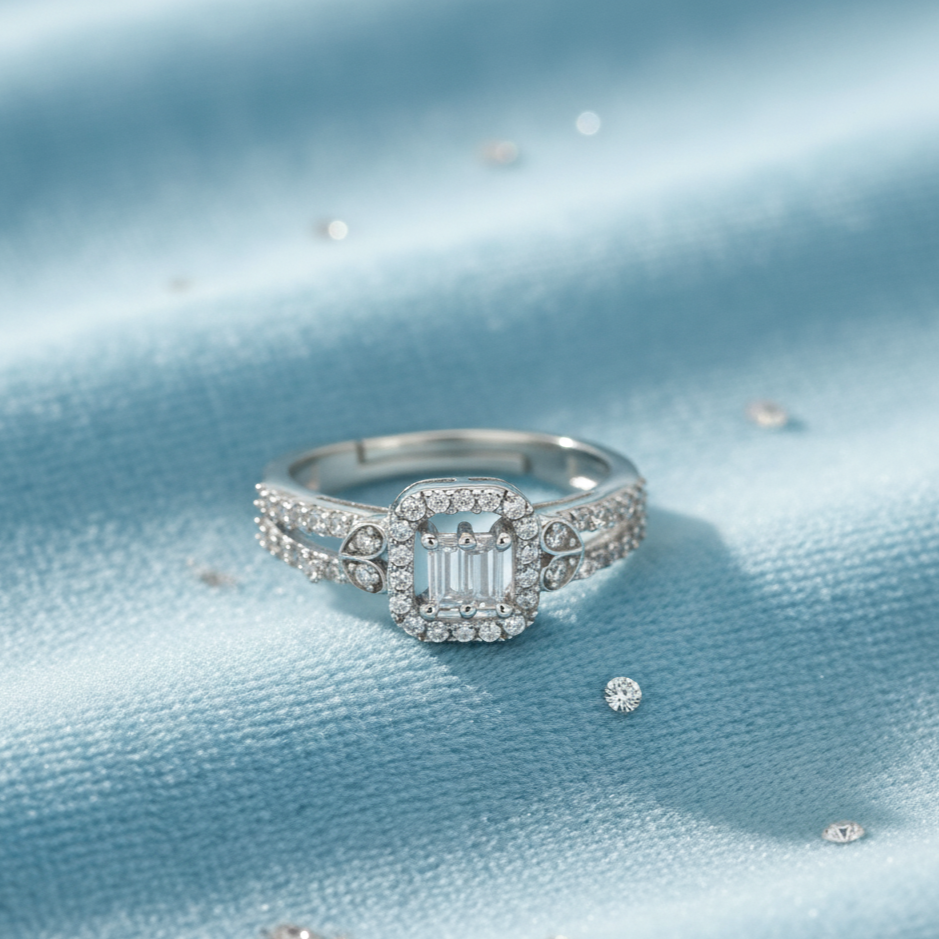  Regal Radiance Duo Diamond ring on a light blue satin background