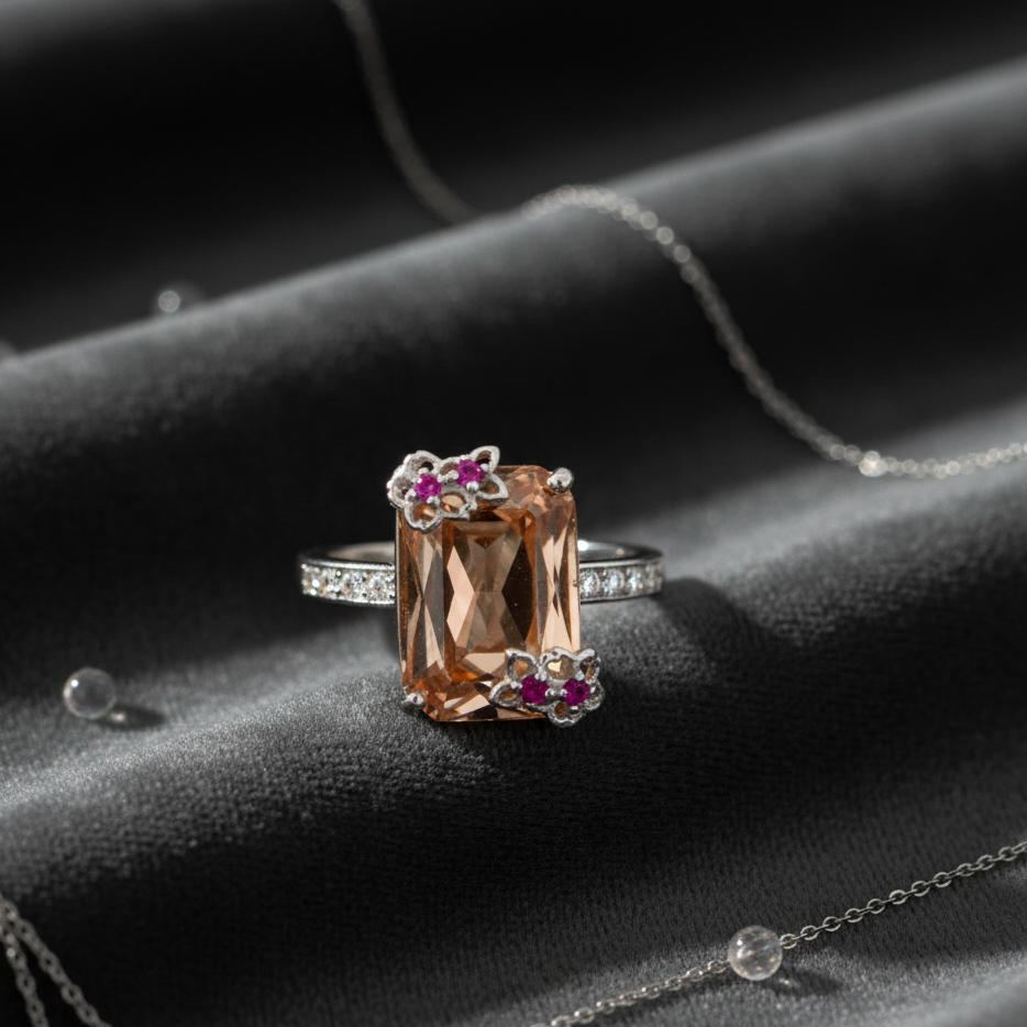 Ring with a large brown gemstone and smaller pink stones on a dark fabric background