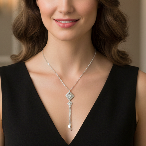 Woman wearing a silver necklace with a black top