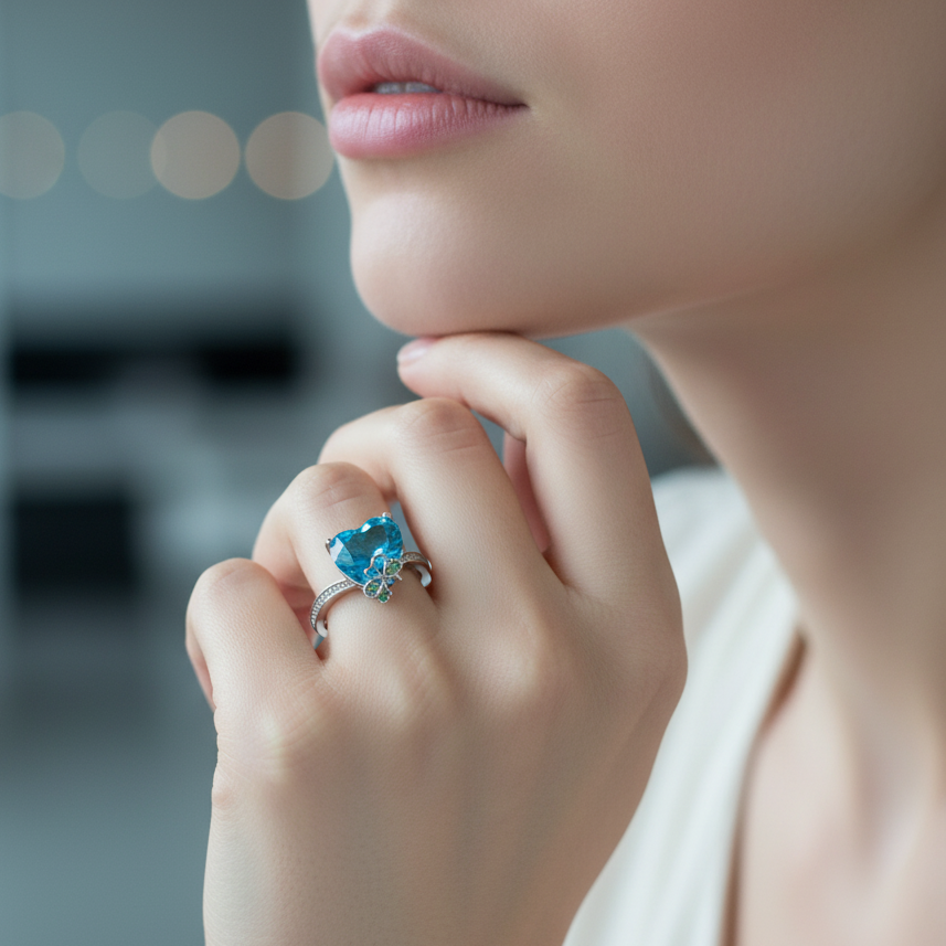 Close-up of a woman wearing a maela azure heart clover ring with a blue heart crystal