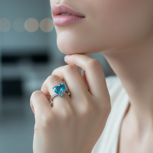 Close-up of a woman wearing a maela azure heart clover ring with a blue heart crystal
