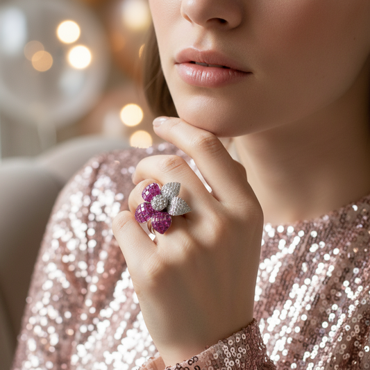 Close-up of a hand wearing a pink blossom brilliance flower silver 
 ring with a blurred background