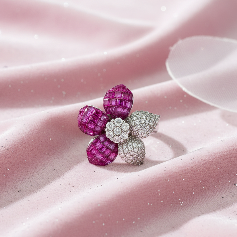 Floral jewelry piece with pink gemstones and silver accents on a pink fabric background