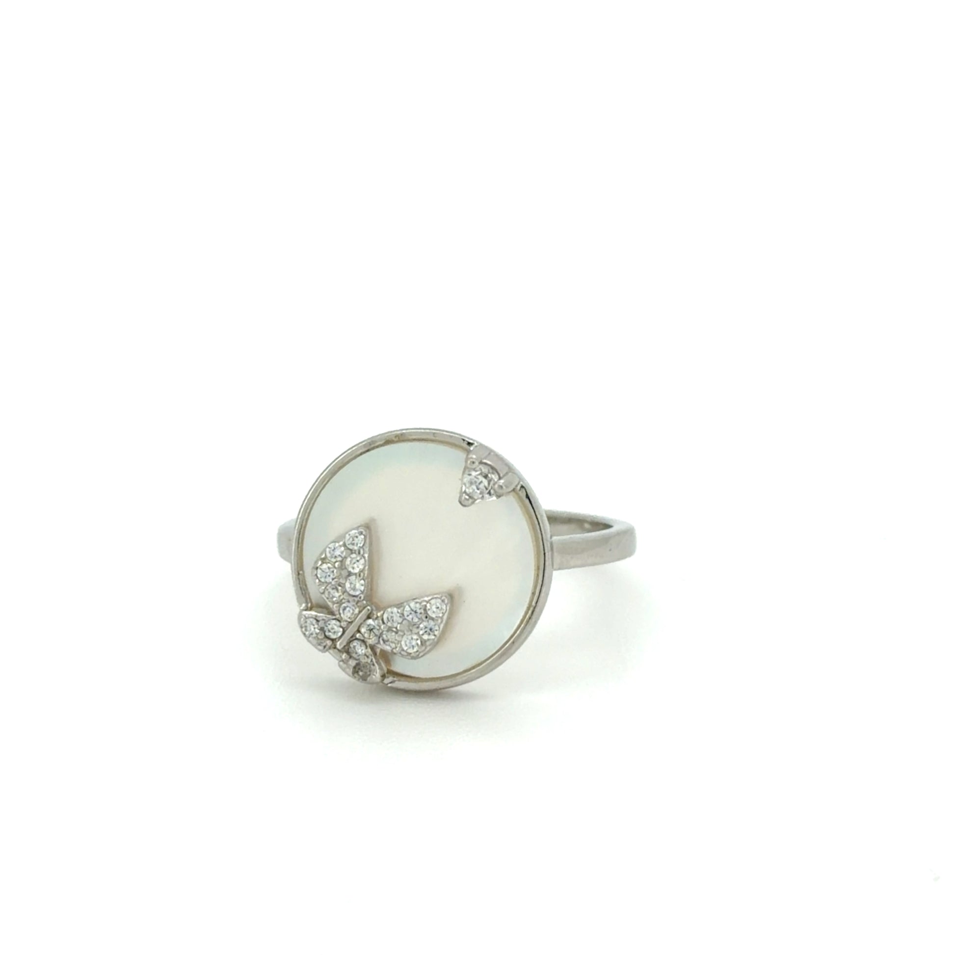 Silver ring with a white stone and leaf design on a white background