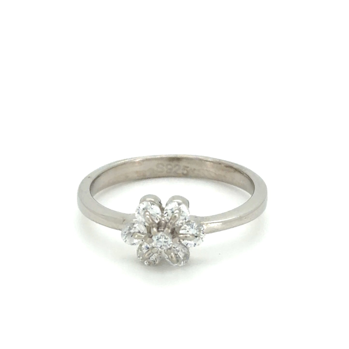 Silver dainty bloom ring with a floral design on a white background