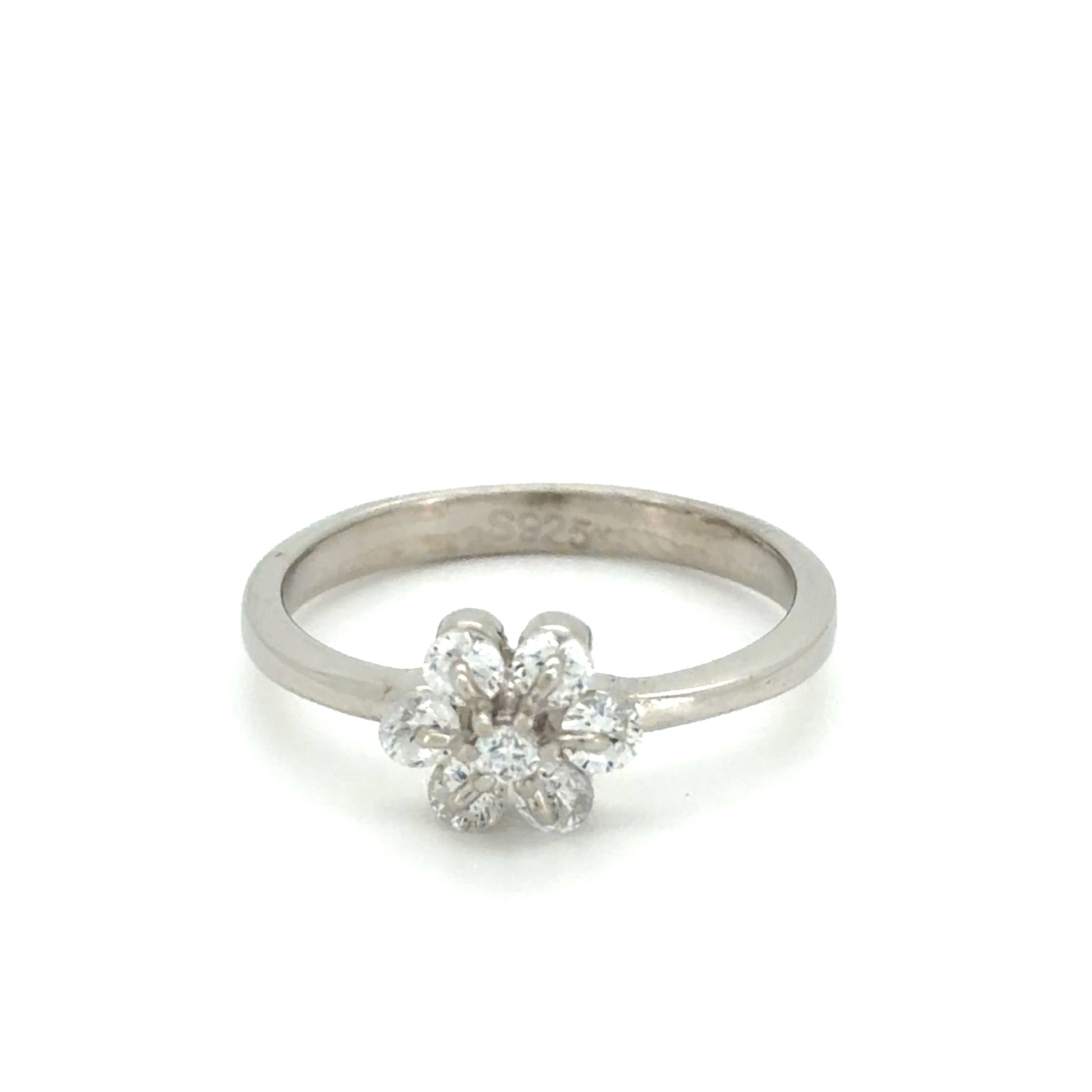 Silver dainty bloom ring with a floral design on a white background