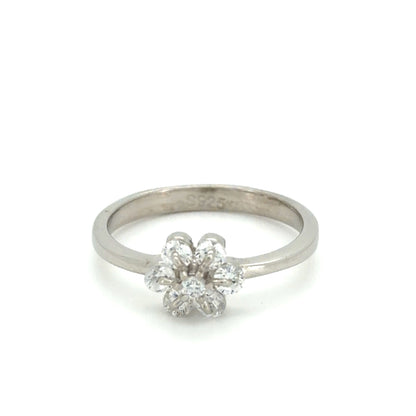 Silver dainty bloom ring with a floral design on a white background