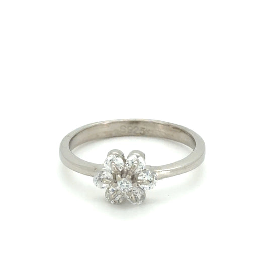 Silver dainty bloom ring with a floral design on a white background