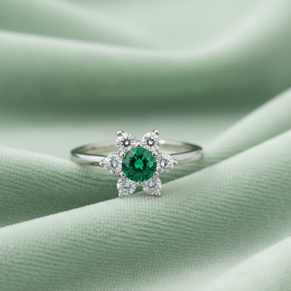 Silver ring with a green gemstone on a green fabric background