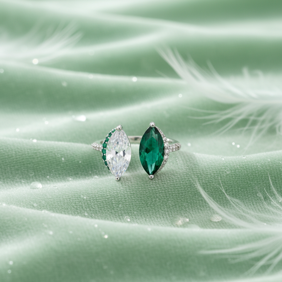 Emerald & Diamond Kiss Ring on a green fabric background