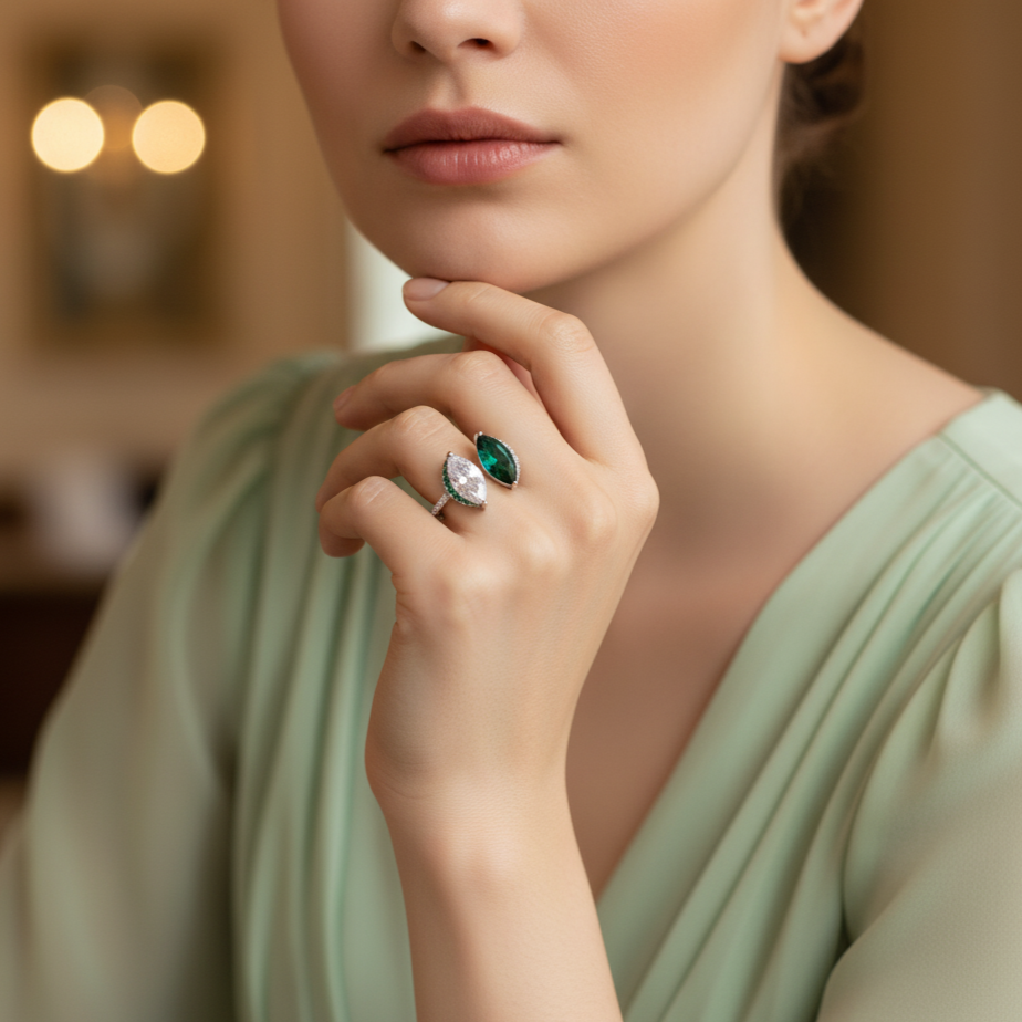 Woman wearing a Emerald & Diamond Kiss Ring from maela on her finger with a blurred background