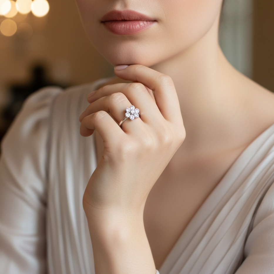Close-up of a hand wearing a delicate ring with a blurred background