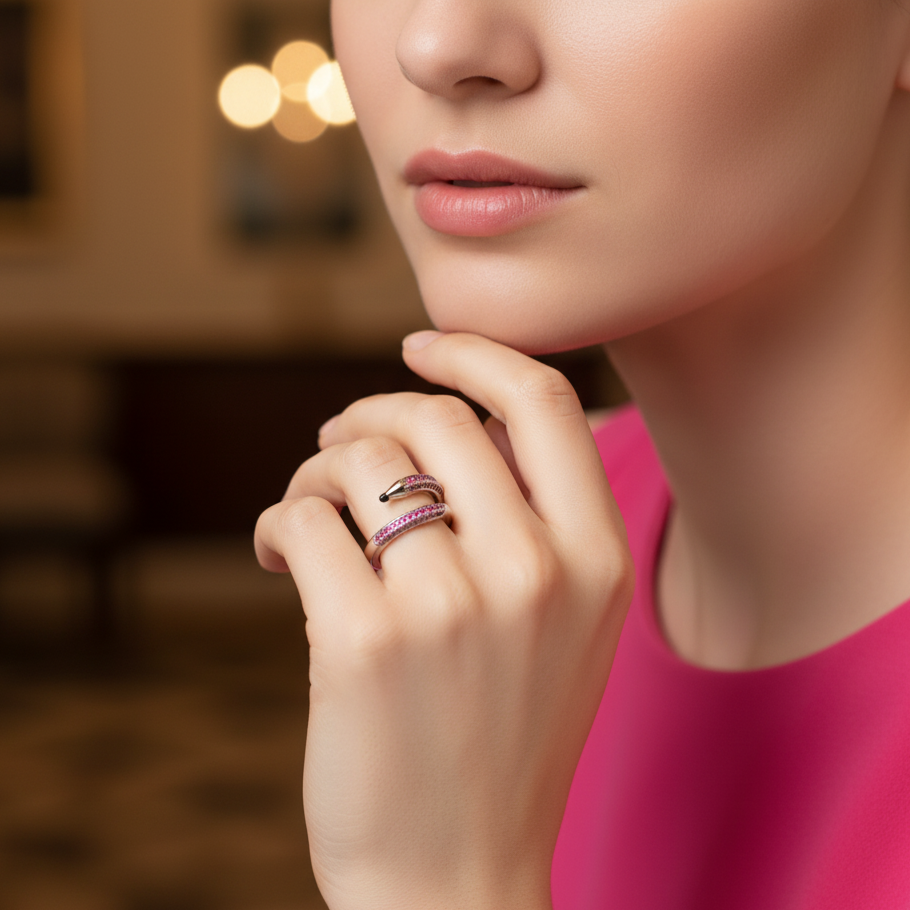 Close-up of a person wearing a ring with a blurred background