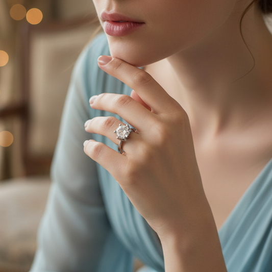Close-up of a woman's hand wearing a diamond ring with a blurred background