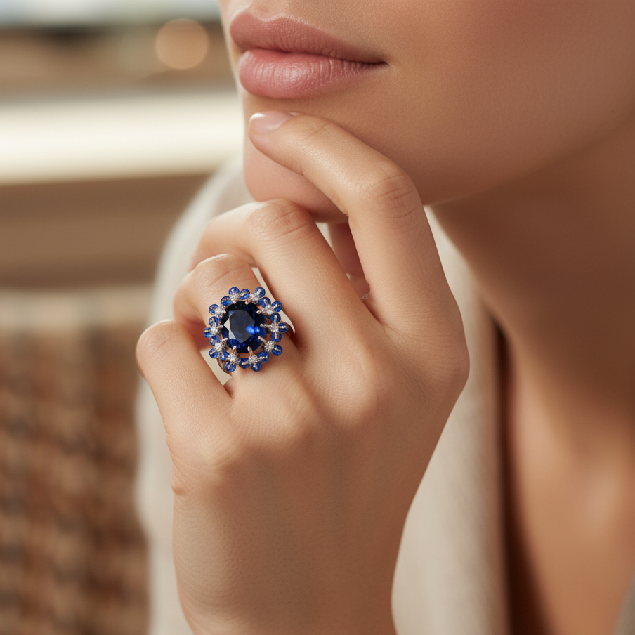 Midnight Bloom statement silver ring worn on hand