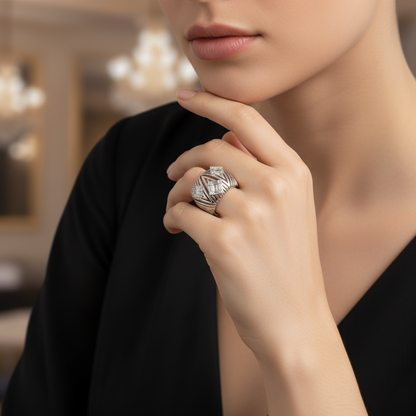 Close-up of a hand wearing a diamond ring with a blurred indoor background