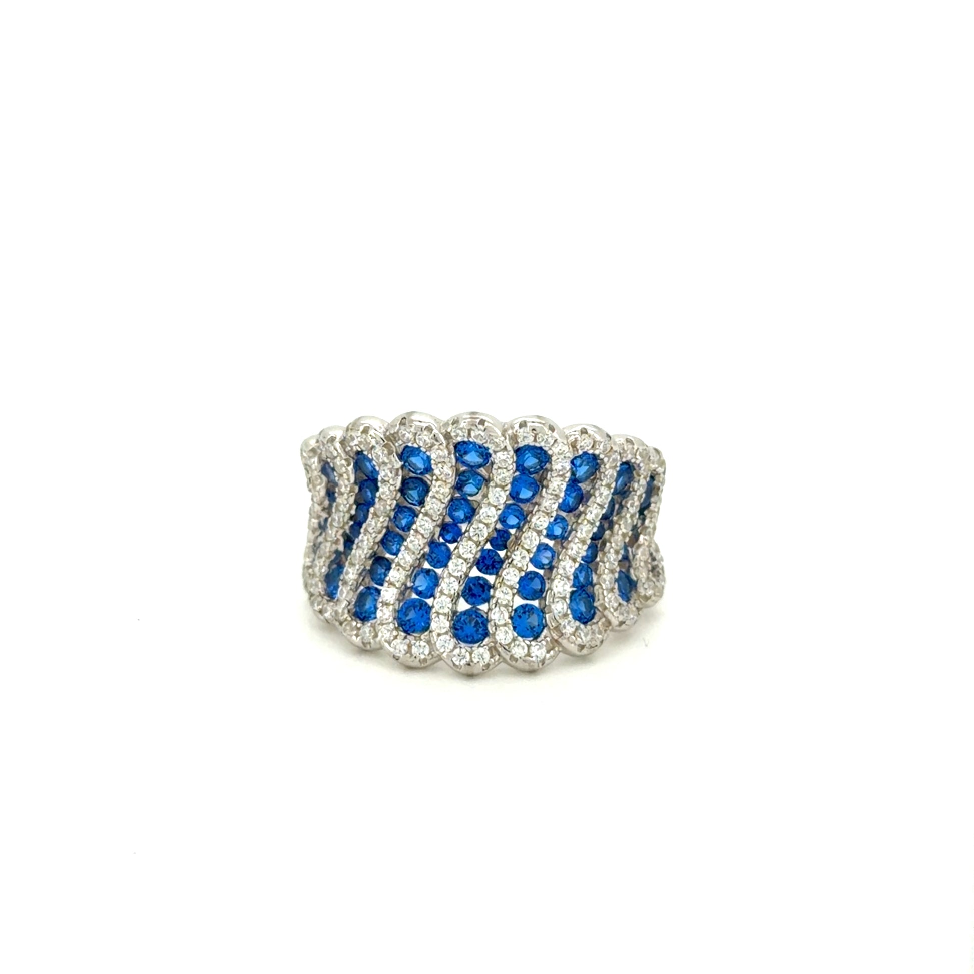 ocean current ring with blue gemstones on a white background