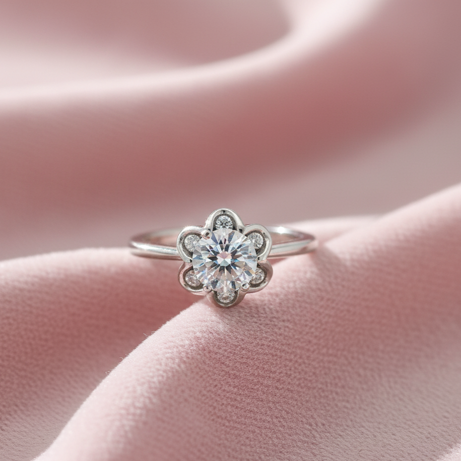 Silver ring with a diamond on a pink fabric background
