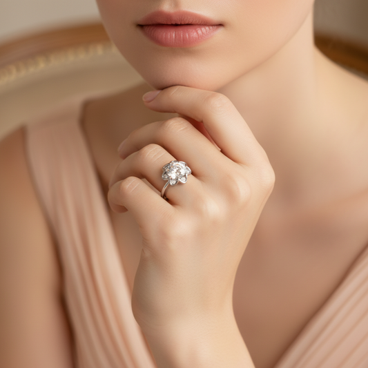 Close-up of a hand wearing a diamond ring with a soft focus background
