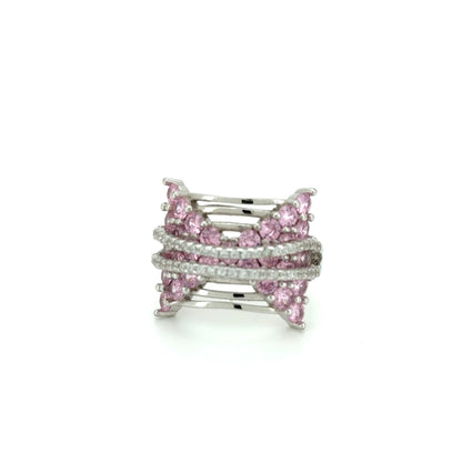 Silver ring with pink gemstones on a white background. pink butterfly ring in 925 sterling silver with pink stone and pave design for women