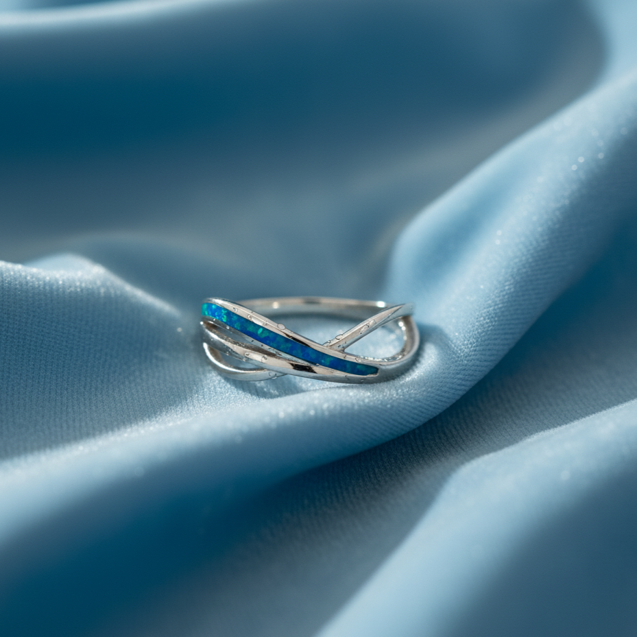 Silver ring with blue gemstones on a blue satin background